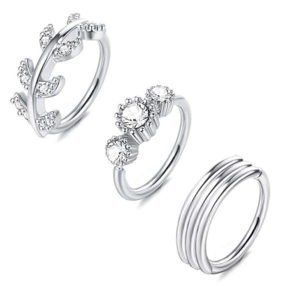 .925 Sterling Silver and Diamond Cubic Zirconia 20G Nose Hoop Rings - Set of 3
